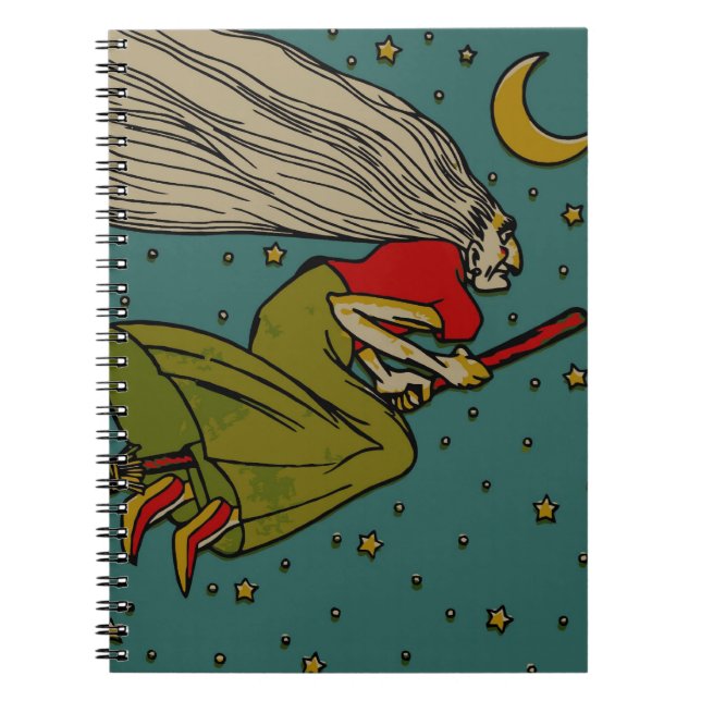 Cuaderno Halloween antiguo, bruja malvada volando en escoba (Frente)