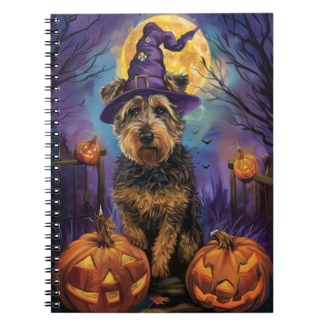 Cuaderno Halloween, bruja y calabaza de Airedale (Frente)