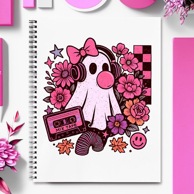 Cuaderno Halloween, Chica de Fantasma Retro Estética Bubble (This ghost girl design mixes 90s aesthetic nostalgia with playful Halloween charm.)