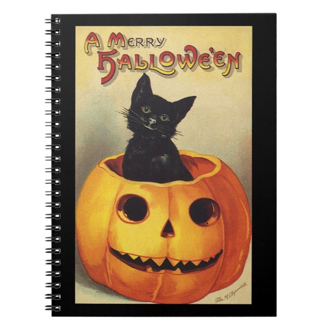 Cuaderno Halloween con moras de Ellen Clapsaddle, gato vint (Frente)