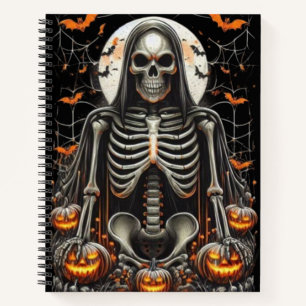 Cuaderno Halloween con sombríos esqueletos y calabazas bril