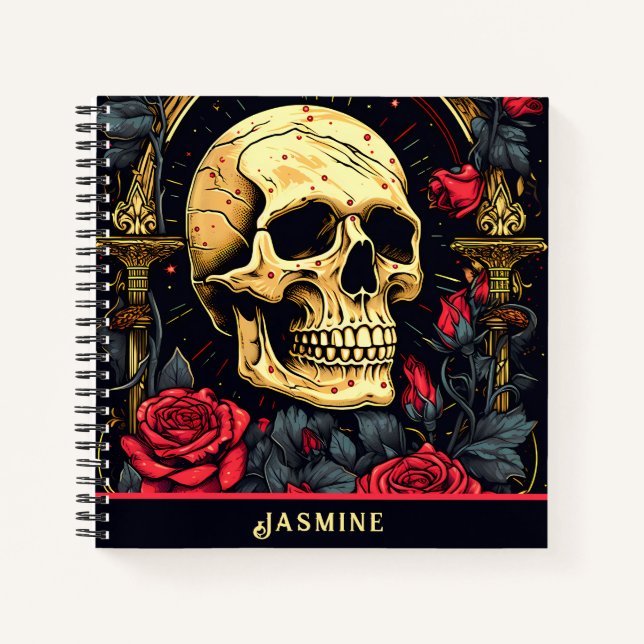 Cuaderno Halloween de cráneo gótico Roses rojos (Anverso)