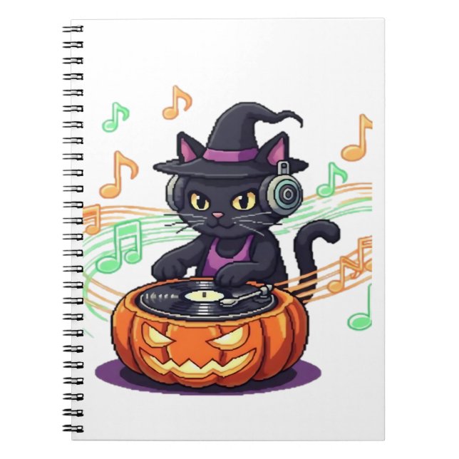 Cuaderno Halloween del gato Dj camiseta sobredimensionada (Frente)
