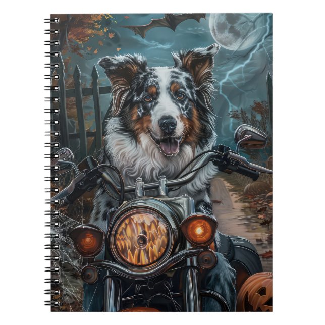 Cuaderno Halloween en motocicleta de Pastor Australiano (Frente)