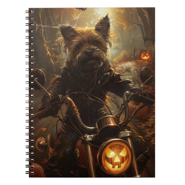 Cuaderno Halloween en motocicleta de un Terrier Australiano (Frente)