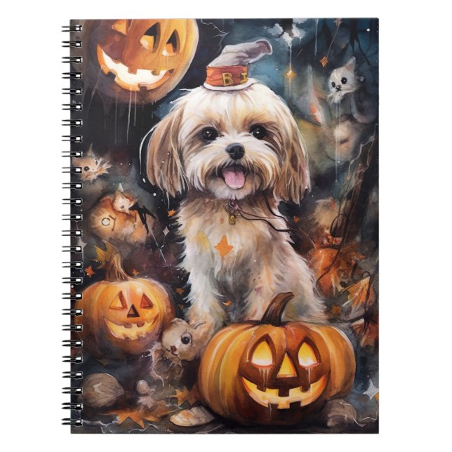 Cuaderno Halloween Lhasa Apso Con Calabazas Temerosas (Frente)