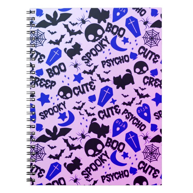Cuaderno Halloween morado, azul y negro lindo y divertido (Frente)