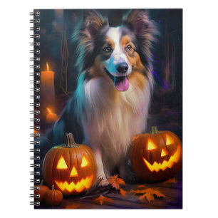 Cuaderno Halloween Shetland Sheepdog con calabazas asustada