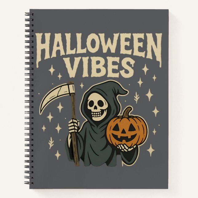 Cuaderno Halloween Vibes Reaper - Portátil de espiral gris (Anverso)