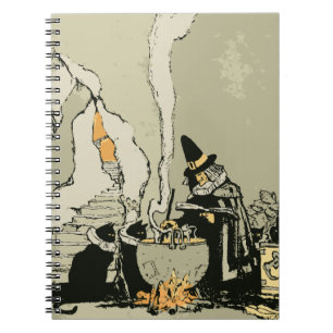 Cuaderno Halloween vintage, bruja con caldero y gatos