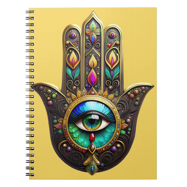Cuaderno Hamsa Dorado Marrón Colorido Tercer Ojo Arcoiris (Frente)