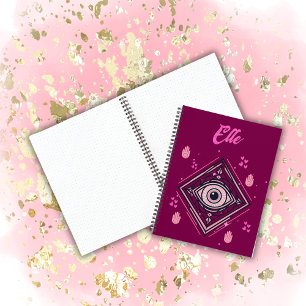 Cuaderno Hamsa Hand con ojos malvados y corazones rosados e