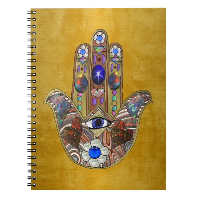 Cuaderno Hamsa Hearts Flores: Arte Opal sobre Oro (Frente)