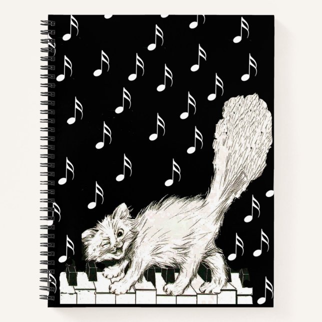 Cuaderno Happy Fluffy White Cat on Piano Keys Music Notes (Anverso)