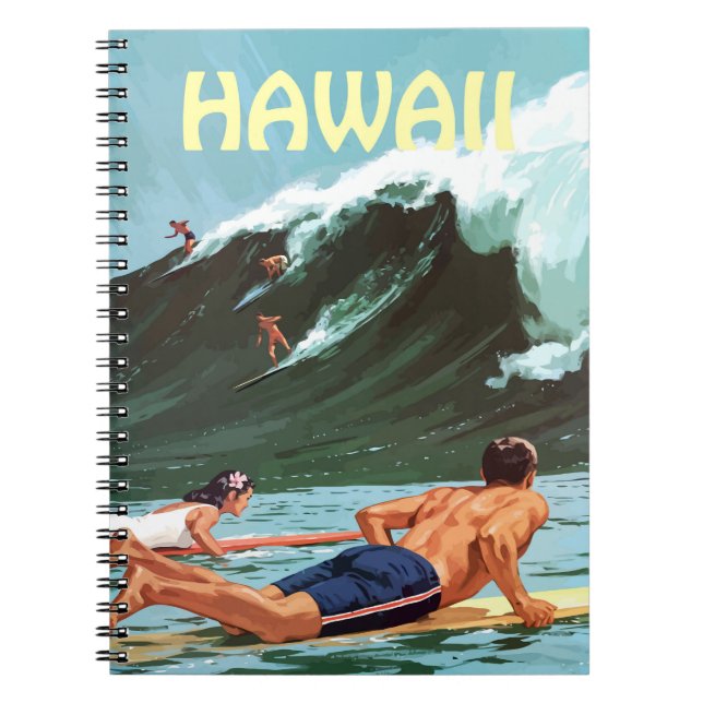 Cuaderno Hawaii, surfistas esperando una gran ola, (Frente)
