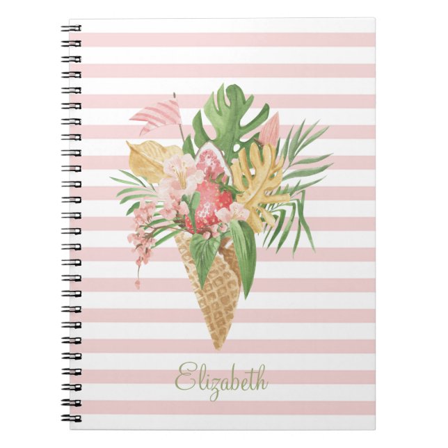 Cuaderno Helado, fruta de hojas tropicales, franjas rosadas (Frente)