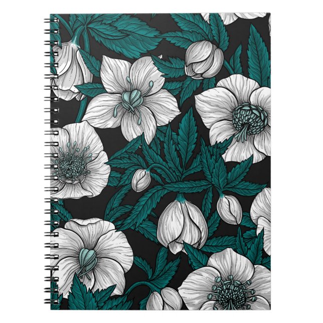 Cuaderno Hellebores blancos con hojas azules (Frente)