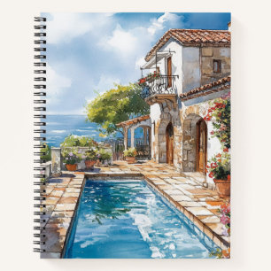 CUADERNO HERMOSA CASA DE ACUARELA CON PISCINA JUNTO AL MAR
