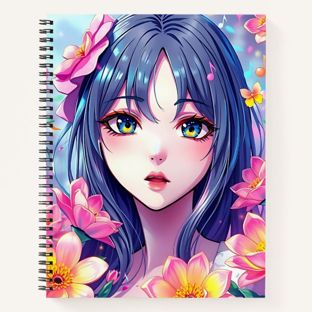 Cuaderno Hermosa Chica Anime y flores (Anverso)