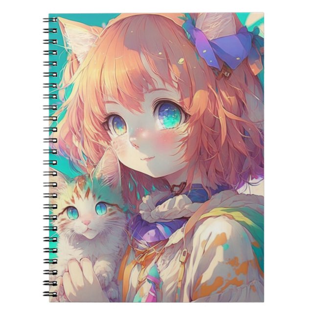 Cuaderno Hermosa chica de anime con gatito lindo (Frente)