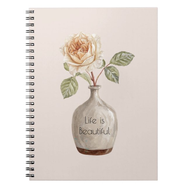 Cuaderno Hermosa Flor de Rosa Melocotón en Florero (Frente)