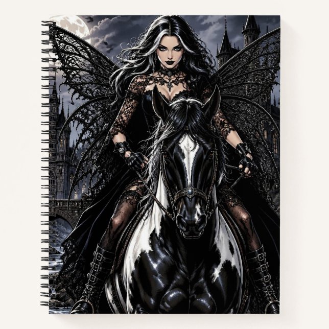 Cuaderno Hermosa Hada Gótica en Caballo Negro (Anverso)