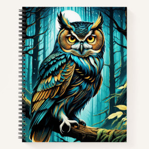 Cuaderno Hermosa lechuza encaramada con árboles y luna llen