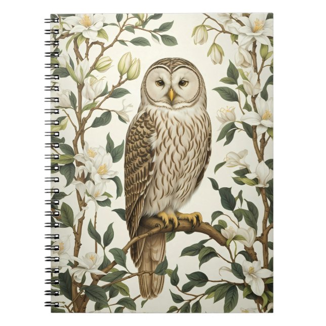 Cuaderno Hermosa Lechuza Ural Y Flores De Magnolia (Frente)