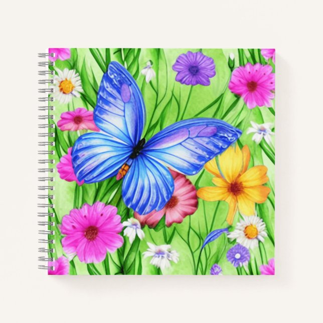 Cuaderno Hermosa mariposa azul con flores acuarela (Anverso)