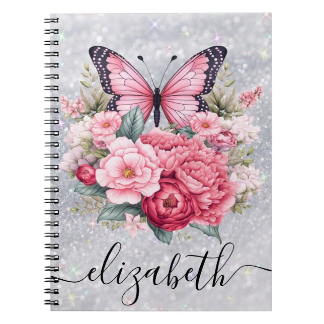Cuaderno Hermosa Mariposa Y Flores Nombre Personalizado (Frente)