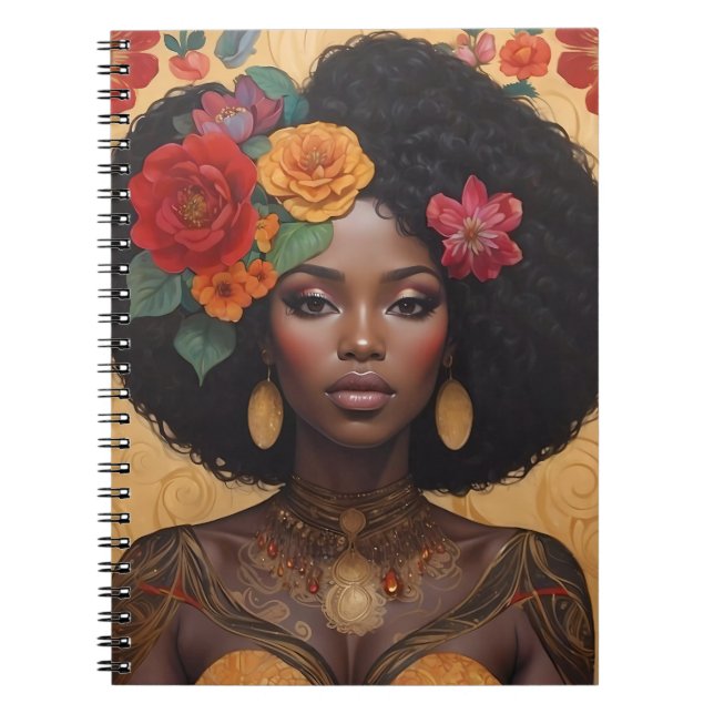 Cuaderno Hermosa mujer afroamericana con flores (Frente)