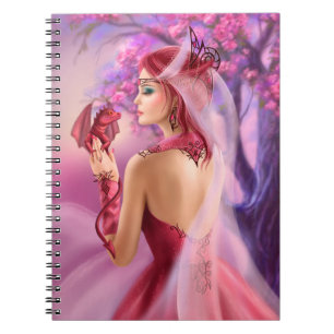 Cuaderno Hermosa mujer de fantasía reina y dragón rojo