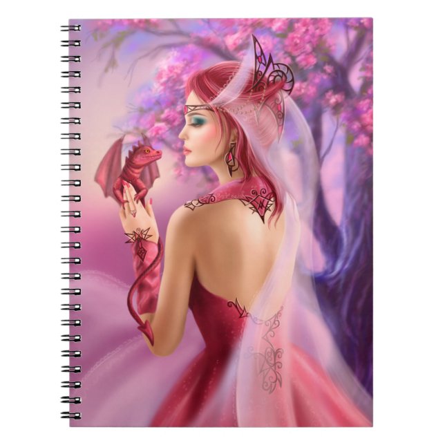 Cuaderno Hermosa mujer de fantasía reina y dragón rojo (Frente)