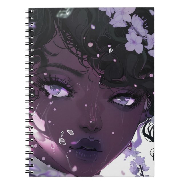 Cuaderno Hermosa mujer negra con flores moradas (Frente)