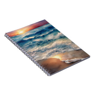 Cuaderno Hermosa puesta de sol sobre olas de playa