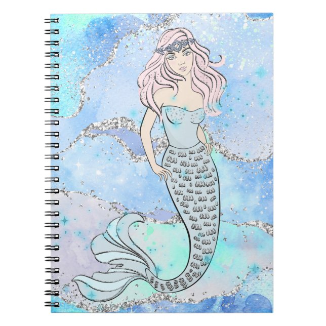 Cuaderno Hermosa sirena del océano Azul Purpurina Verde azu (Frente)