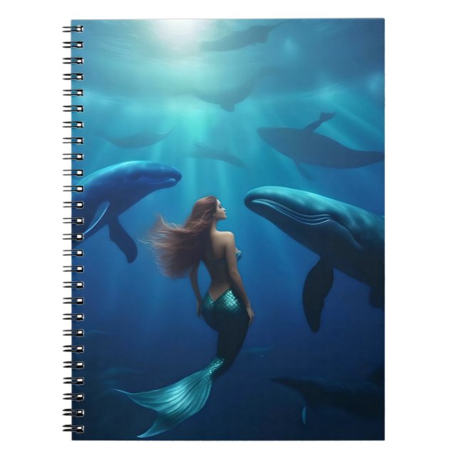 Cuaderno Hermosa Sirenita Nadando Con Ballenas jorobadas, (Frente)