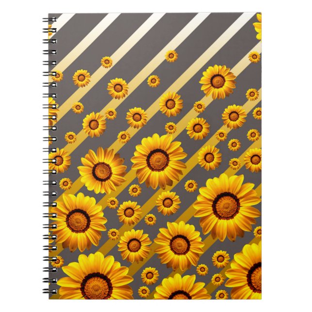 Cuaderno Hermosas flores amarillas sobre rayas grises, dora (Frente)