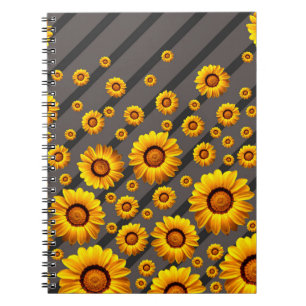 Cuaderno Hermosas flores amarillas sobre rayas grises y neg