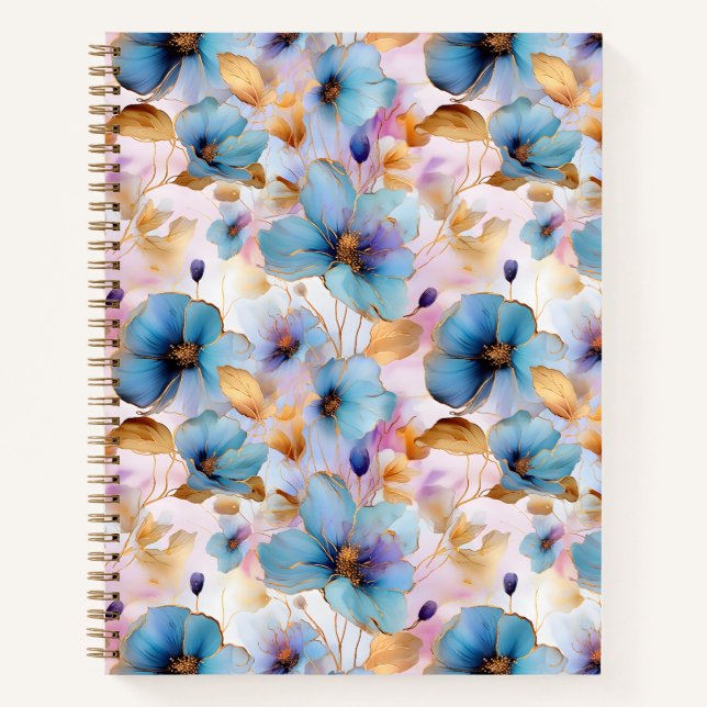 Cuaderno Hermosas flores azules Tinta de alcohol en pastele (Anverso)