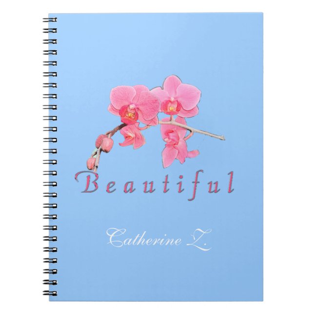 Cuaderno Hermosas flores orquídeas rosas de fondo azul. (Frente)