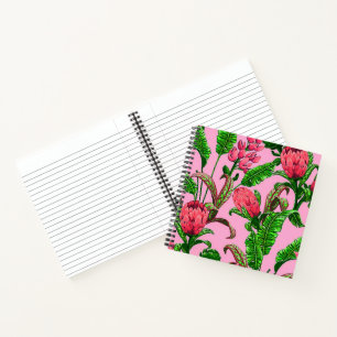 Cuaderno Hermosas hojas verdes tropicales con flores rojas 