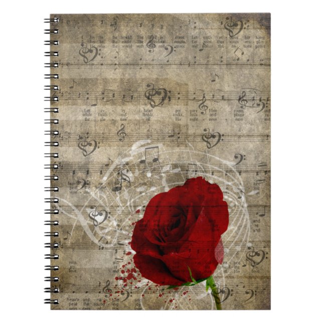 Cuaderno Hermosas notas de música rosa roja giran el piano  (Frente)