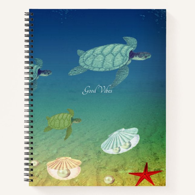 Cuaderno Hermosas tortugas marinas y conchas marinas (Anverso)