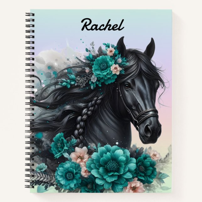 Cuaderno Hermoso caballo negro con flores Verde azuladas (Anverso)