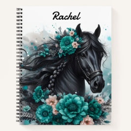 Cuaderno Hermoso caballo negro con flores Verde azuladas