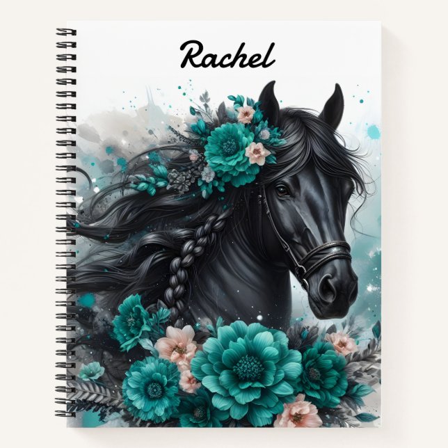 Cuaderno Hermoso caballo negro con flores Verde azuladas (Anverso)