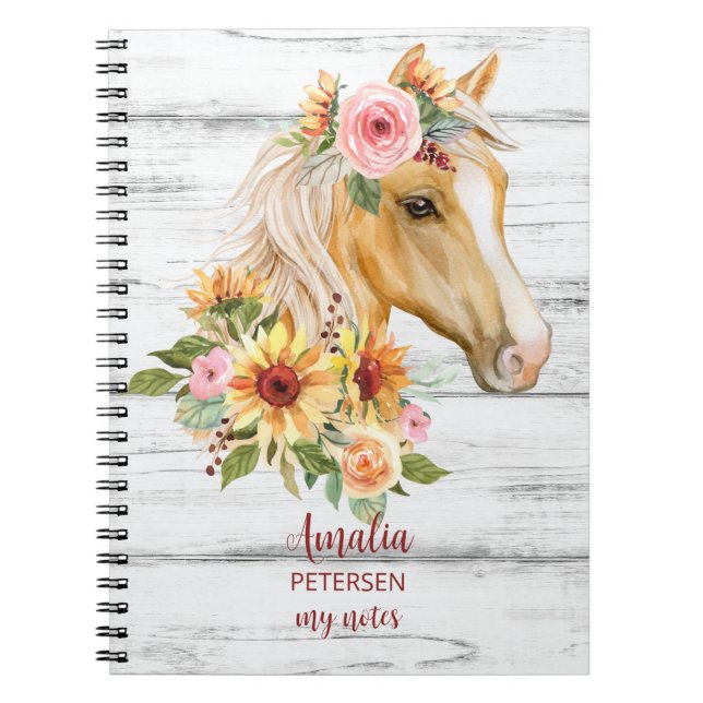 Cuaderno Hermoso caballo palomino con girasoles personaliza (Frente)