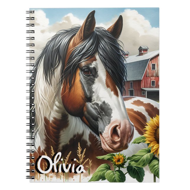 Cuaderno Hermoso caballo pinto marrón y blanco en una granj (Frente)
