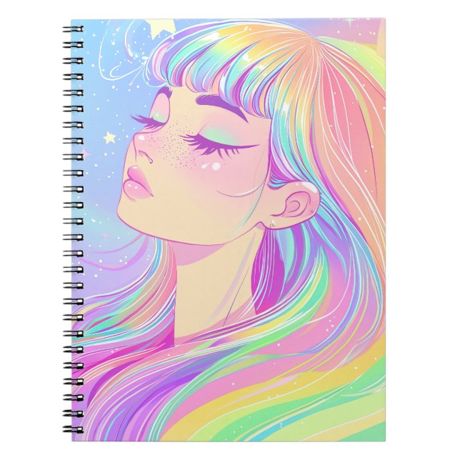 Cuaderno hermoso chica brillante con pelo arco iris de la c (Frente)